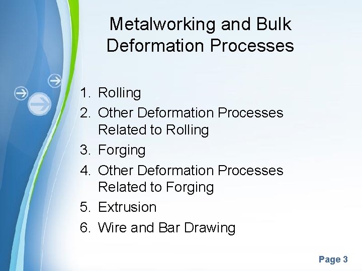 Metalworking and Bulk Deformation Processes 1. Rolling 2. Other Deformation Processes Related to Rolling