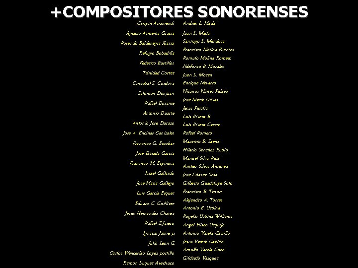+COMPOSITORES SONORENSES Crispin Arizmendi Andres L. Mada Ignacio Armenta Gracia Rosendo Baldenegra Ibarra Refugio