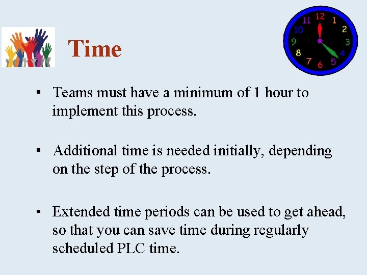 Time ▪ Teams must have a minimum of 1 hour to implement this process.