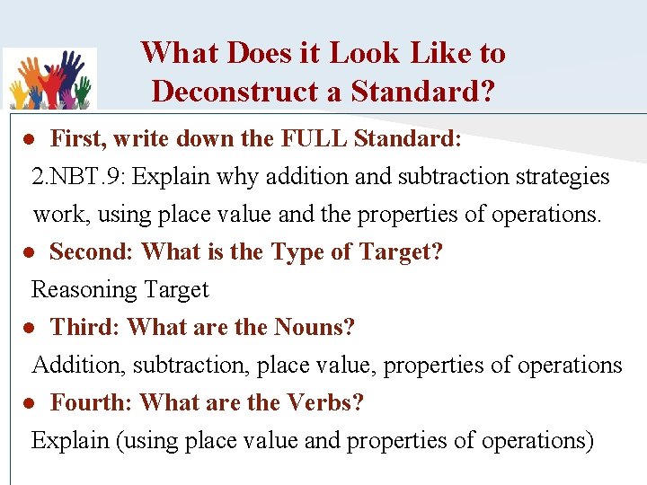 What Does it Look Like to Deconstruct a Standard? ● First, write down the