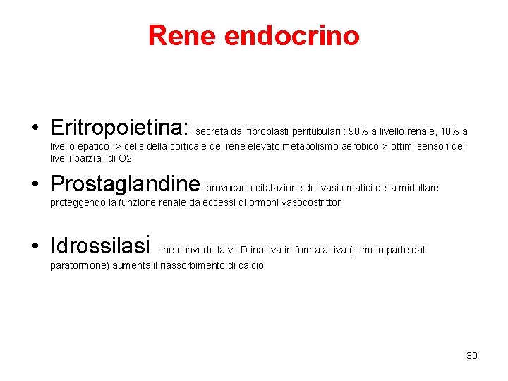 Rene endocrino • Eritropoietina: secreta dai fibroblasti peritubulari : 90% a livello renale, 10%