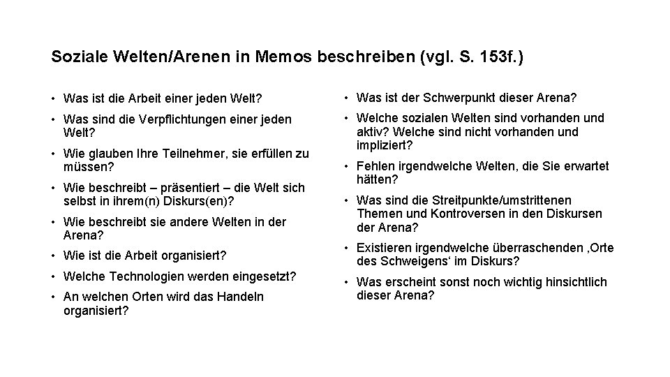 Soziale Welten/Arenen in Memos beschreiben (vgl. S. 153 f. ) • Was ist die