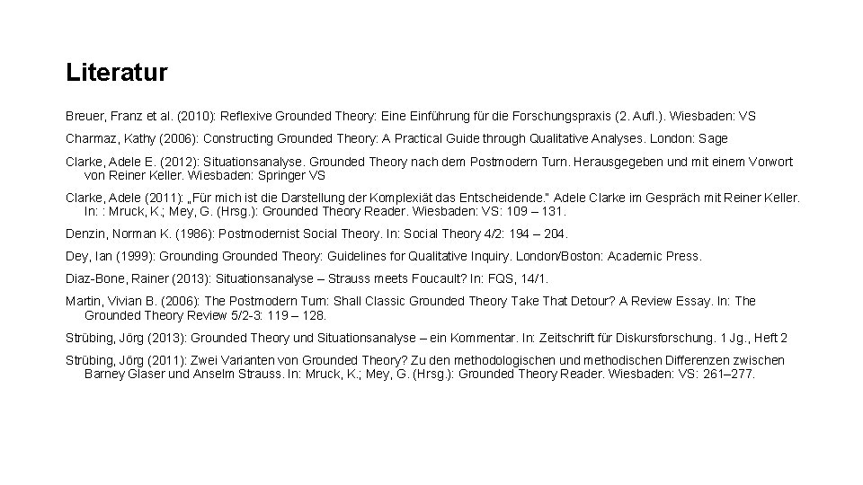 Literatur Breuer, Franz et al. (2010): Reflexive Grounded Theory: Eine Einführung für die Forschungspraxis