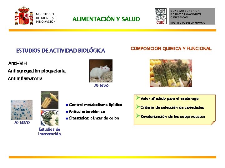 MINISTERIO DE CIENCIA E INNOVACIÓN ALIMENTACIÓN Y SALUD ESTUDIOS DE ACTIVIDAD BIOLÓGICA CONSEJO SUPERIOR