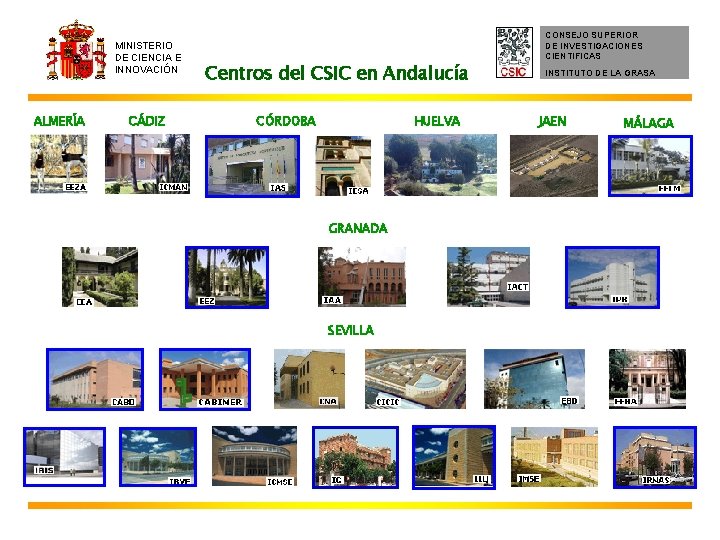 MINISTERIO DE CIENCIA E INNOVACIÓN ALMERÍA CÁDIZ Centros del CSIC en Andalucía CÓRDOBA HUELVA