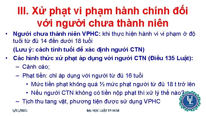 III. Xử phạt vi phạm hành chính đối với người chưa thành niên •