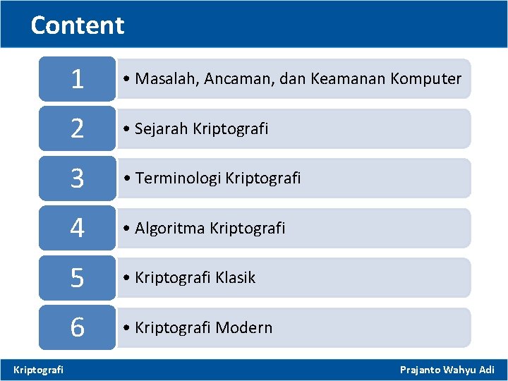 Content Kriptografi 1 • Masalah, Ancaman, dan Keamanan Komputer 2 • Sejarah Kriptografi 3