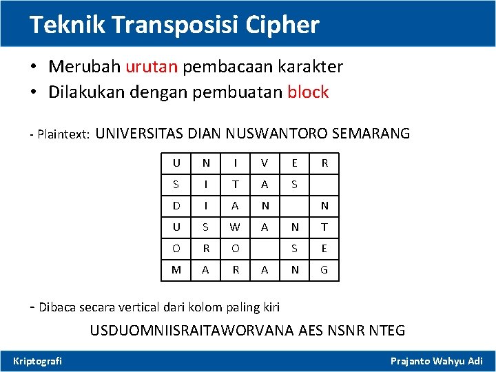 Teknik Transposisi Cipher • Merubah urutan pembacaan karakter • Dilakukan dengan pembuatan block -
