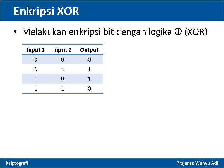 Enkripsi XOR • Melakukan enkripsi bit dengan logika (XOR) Input 1 Input 2 Output