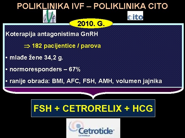 POLIKLINIKA IVF – POLIKLINIKA CITO 2010. G. Koterapija antagonistima Gn. RH 182 pacijentice /
