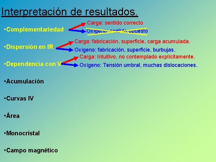 Interpretación de resultados. • Complementariedad • Dispersión en IR • Dependencia con V •