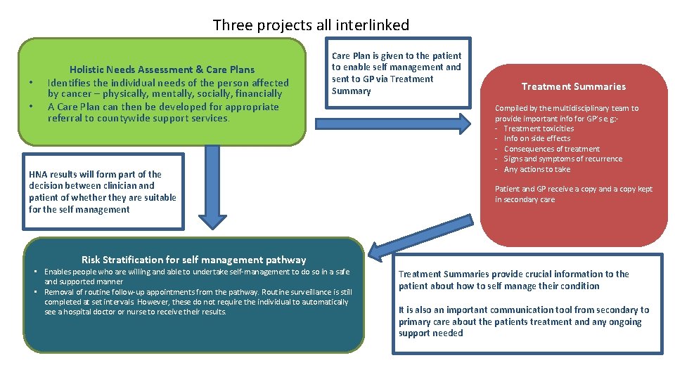 Three projects all interlinked • • Holistic Needs Assessment & Care Plans Identifies the
