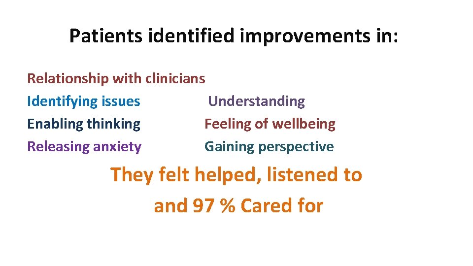 Patients identified improvements in: Relationship with clinicians Identifying issues Understanding Enabling thinking Feeling of