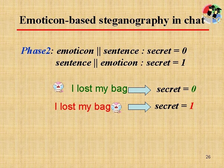 Emoticon-based steganography in chat Phase 2: emoticon || sentence : secret = 0 sentence