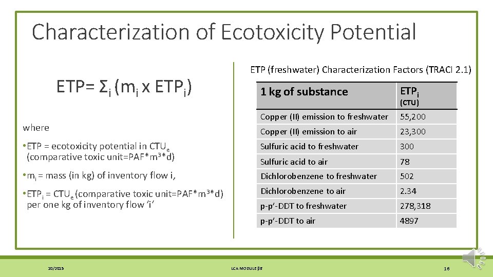 Characterization of Ecotoxicity Potential ETP= Σi (mi x ETPi) ETP (freshwater) Characterization Factors (TRACI