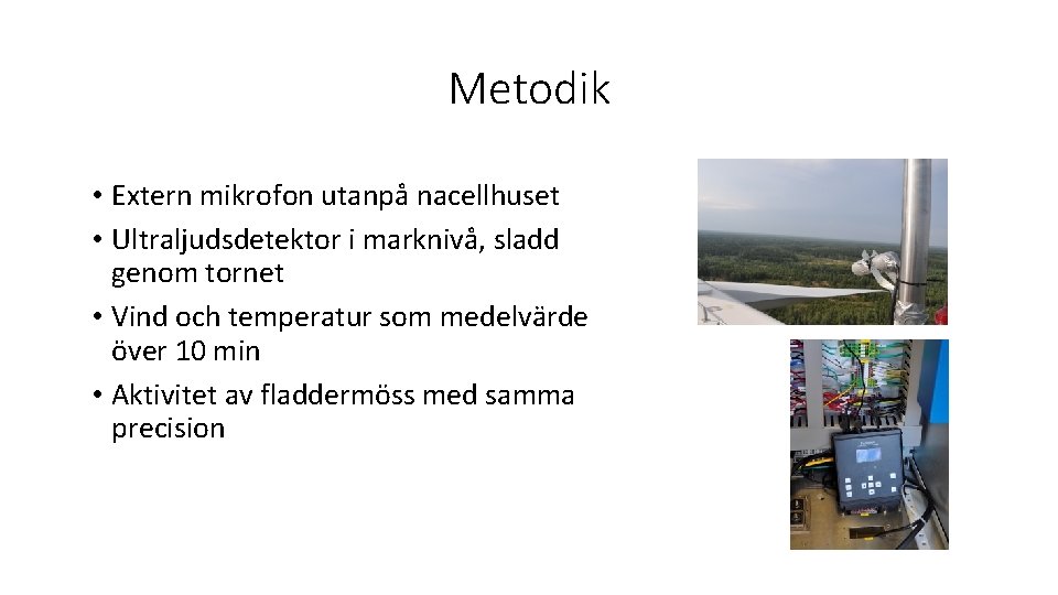 Metodik • Extern mikrofon utanpå nacellhuset • Ultraljudsdetektor i marknivå, sladd genom tornet •