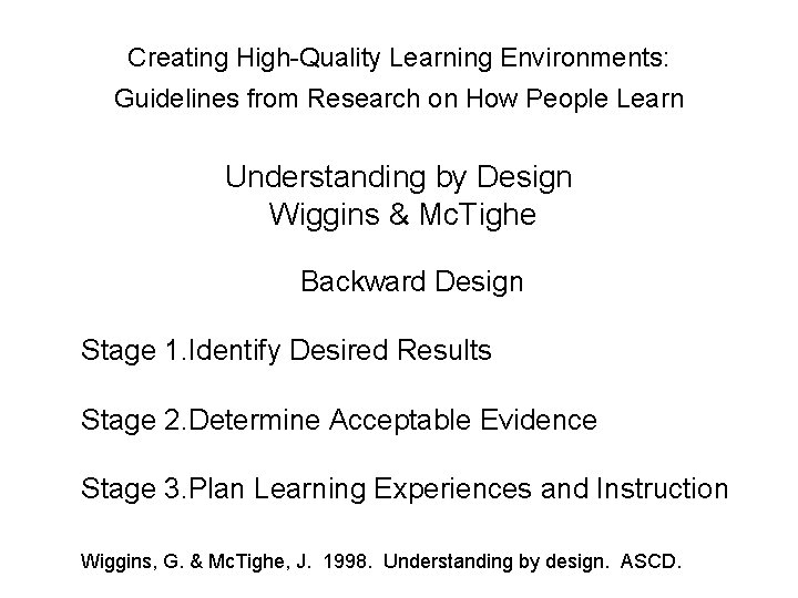 Creating High-Quality Learning Environments: Guidelines from Research on How People Learn Understanding by Design Creating High-Quality Learning Environments: Guidelines from Research on How People Learn Understanding by Design