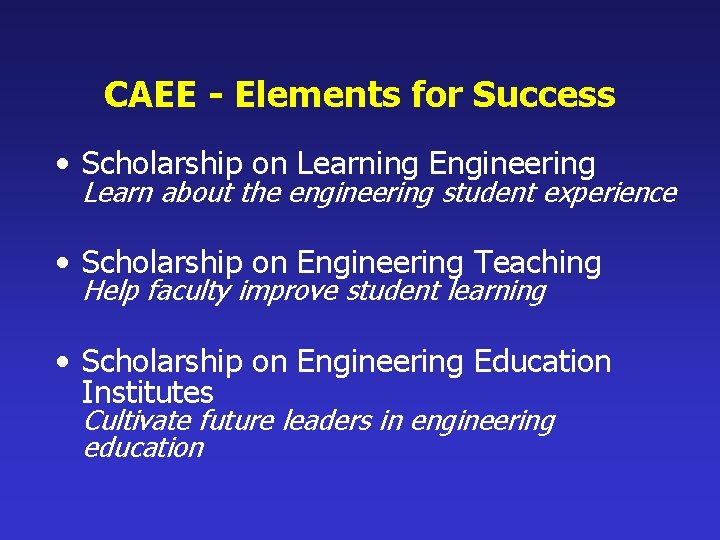 CAEE - Elements for Success • Scholarship on Learning Engineering Learn about the engineering CAEE - Elements for Success • Scholarship on Learning Engineering Learn about the engineering