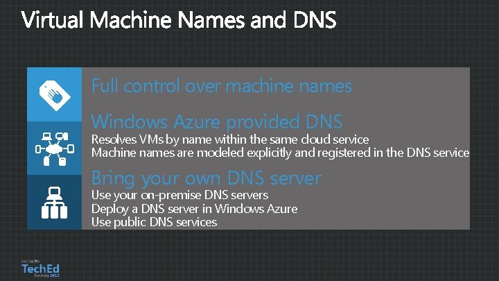 Full control over machine names Windows Azure provided DNS Resolves VMs by name within