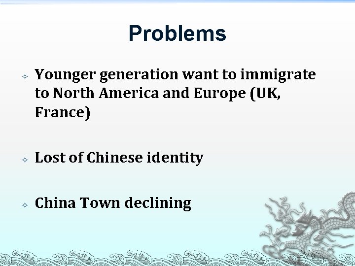 Problems Younger generation want to immigrate to North America and Europe (UK, France) Lost