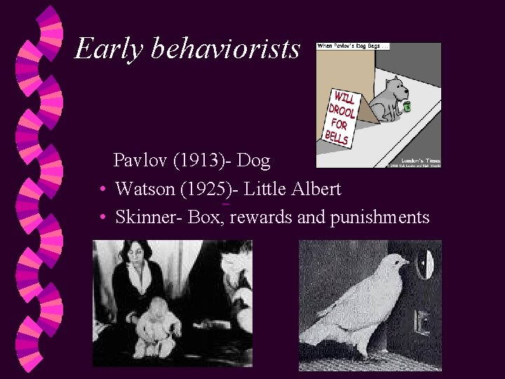 Early behaviorists Pavlov (1913)- Dog • Watson (1925)- Little Albert • Skinner- Box, rewards
