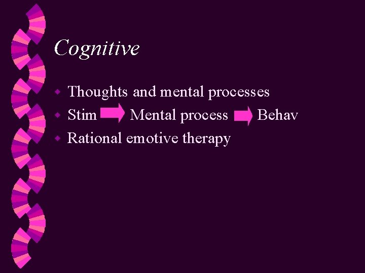 Cognitive Thoughts and mental processes w Stim Mental process Behav w Rational emotive therapy