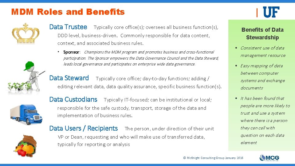 MDM Roles and Benefits Data Trustee Typically core office(s); oversees all business function(s), DDD