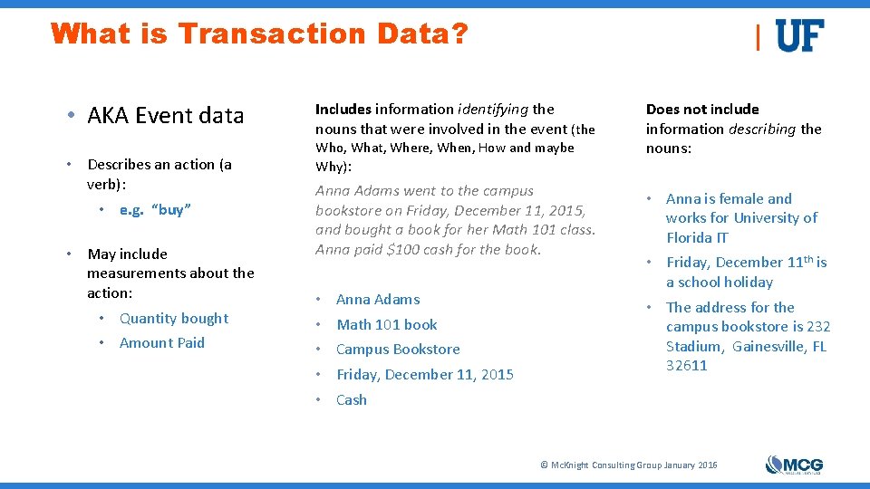 What is Transaction Data? • AKA Event data • Describes an action (a verb):