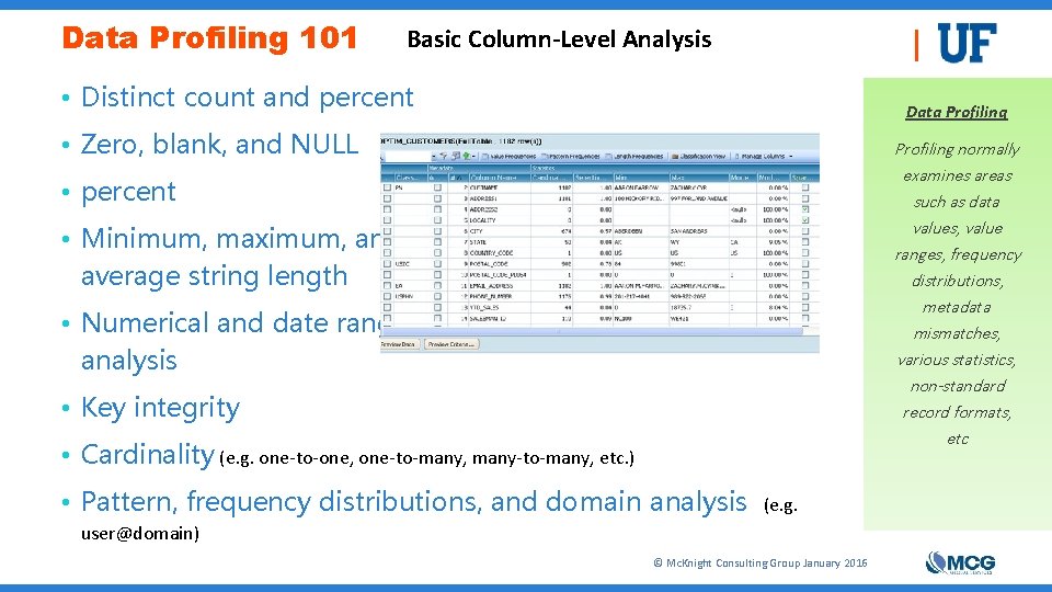 Data Profiling 101 Basic Column-Level Analysis • Distinct count and percent Data Profiling •