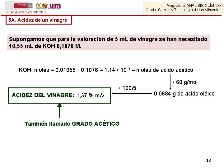 Asignatura: ANÁLISIS QUÍMICO Grado: Ciencia y Tecnología de los Alimentos Curso académico: 2012/13 3