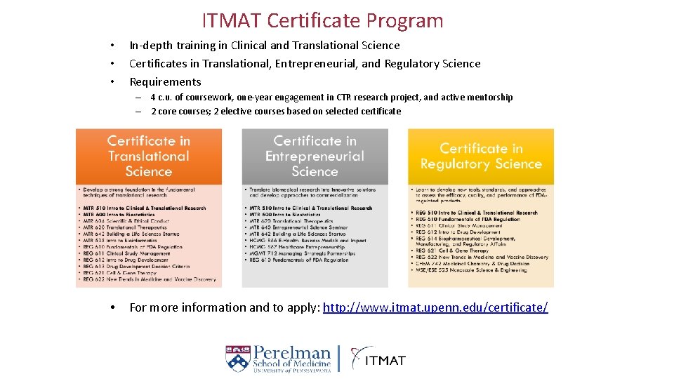 ITMAT Certificate Program • • • In-depth training in Clinical and Translational Science Certificates