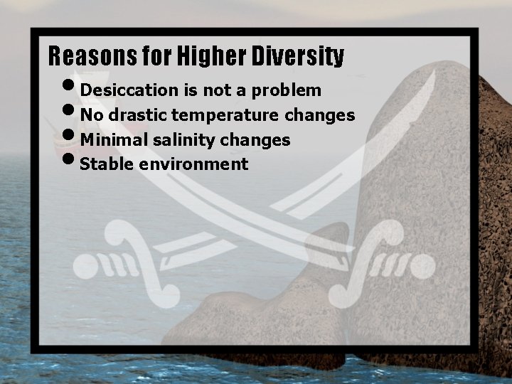 Reasons for Higher Diversity • Desiccation is not a problem • No drastic temperature