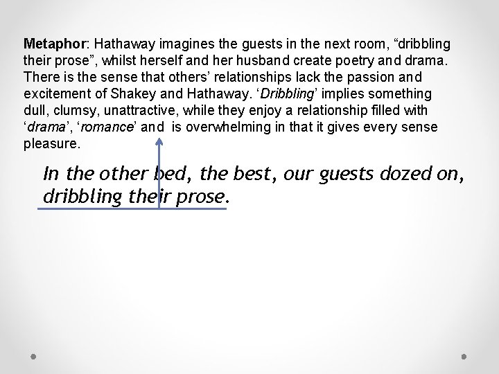 Metaphor: Hathaway imagines the guests in the next room, “dribbling their prose”, whilst herself