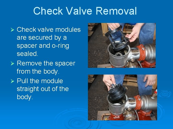 Check Valve Removal Check valve modules are secured by a spacer and o-ring sealed.