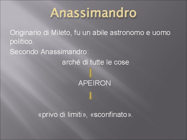 Anassimandro Originario di Mileto, fu un abile astronomo e uomo politico. Secondo Anassimandro: arché