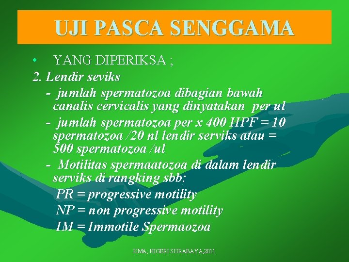 UJI PASCA SENGGAMA • YANG DIPERIKSA ; 2. Lendir seviks - jumlah spermatozoa dibagian