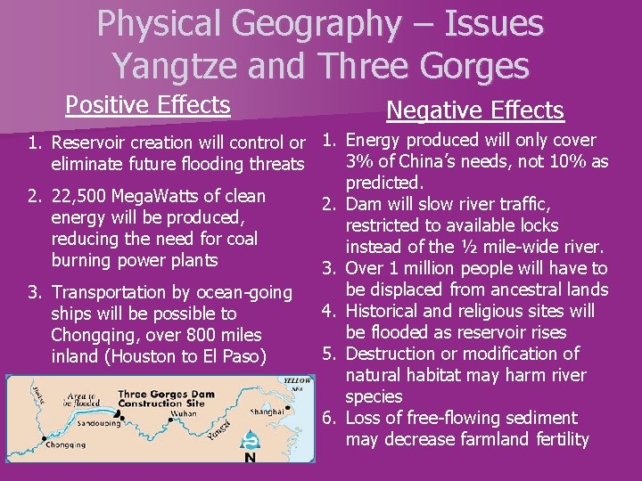 Physical Geography – Issues Yangtze and Three Gorges Positive Effects Negative Effects 1. Reservoir Physical Geography – Issues Yangtze and Three Gorges Positive Effects Negative Effects 1. Reservoir