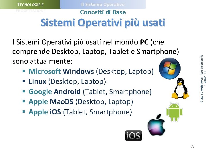 TECNOLOGIE E PROGETTAZIONE Il Sistema Operativo Concetti di Base Sistemi Operativi più usati ©