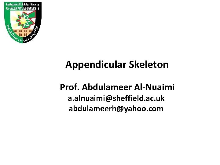 Appendicular Skeleton Prof. Abdulameer Al-Nuaimi a. alnuaimi@sheffield. ac. uk abdulameerh@yahoo. com 