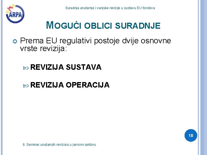 Suradnja unutarnje i vanjske revizije u sustavu EU fondova MOGUĆI OBLICI SURADNJE Prema EU