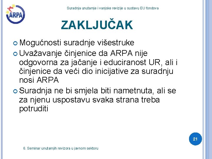 Suradnja unutarnje i vanjske revizije u sustavu EU fondova ZAKLJUČAK Mogućnosti suradnje višestruke Uvažavanje