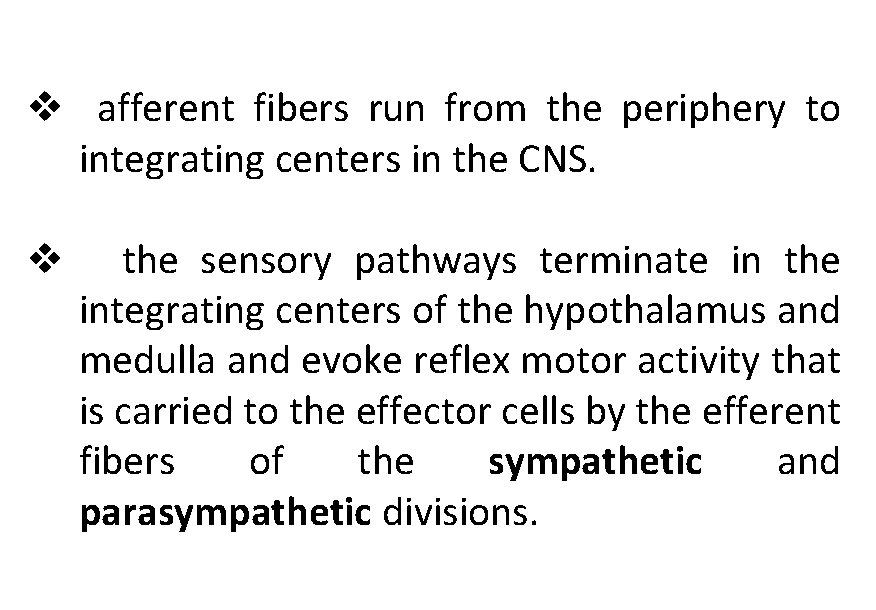 v afferent fibers run from the periphery to integrating centers in the CNS. v