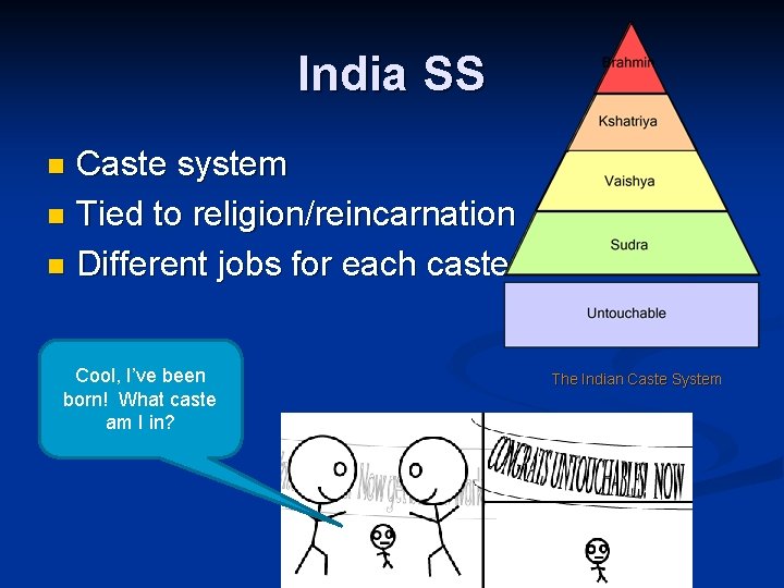 India SS Caste system n Tied to religion/reincarnation n Different jobs for each caste