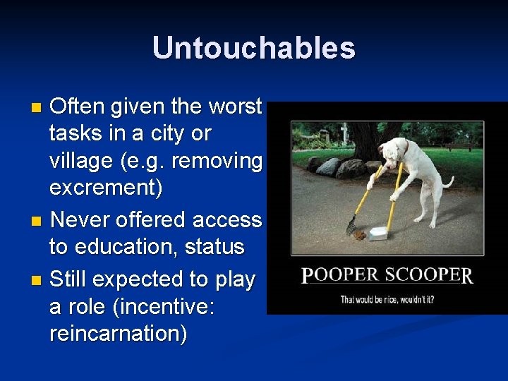 Untouchables Often given the worst tasks in a city or village (e. g. removing