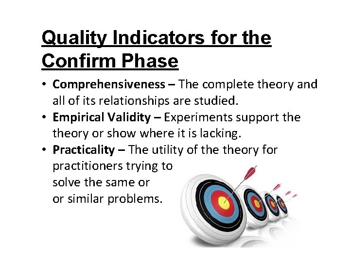 Quality Indicators for the Confirm Phase • Comprehensiveness – The complete theory and all