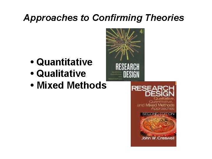 Approaches to Confirming Theories • Quantitative • Qualitative • Mixed Methods 