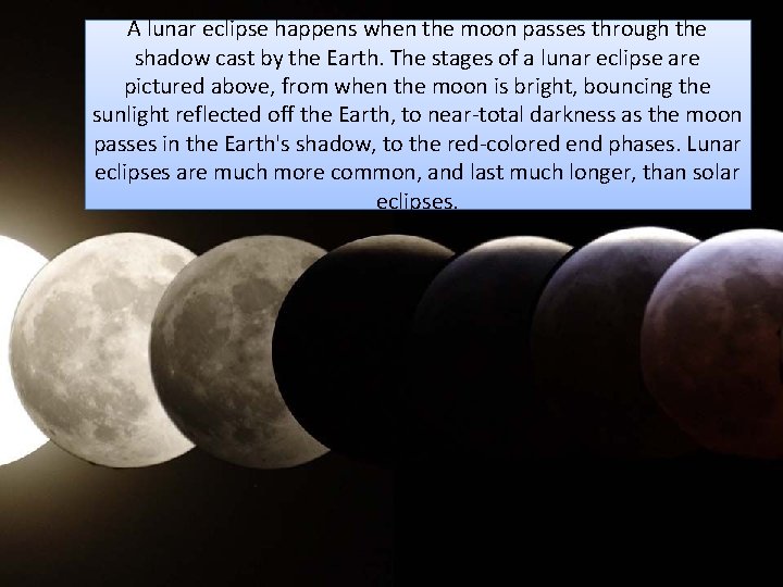 A lunar eclipse happens when the moon passes through the shadow cast by the