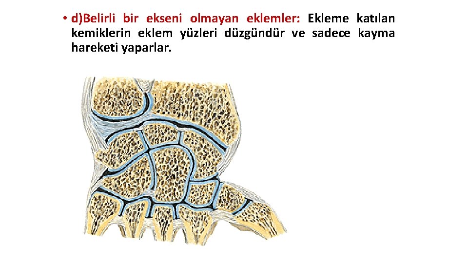 • d)Belirli bir ekseni olmayan eklemler: Ekleme katılan kemiklerin eklem yüzleri düzgündür ve • d)Belirli bir ekseni olmayan eklemler: Ekleme katılan kemiklerin eklem yüzleri düzgündür ve