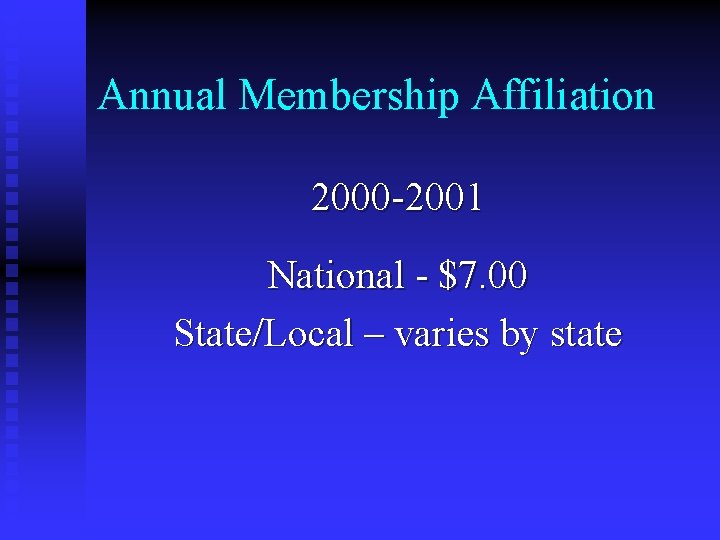 Annual Membership Affiliation 2000 -2001 National - $7. 00 State/Local – varies by state