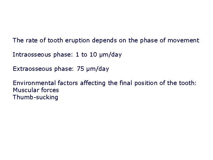 The rate of tooth eruption depends on the phase of movement Intraosseous phase: 1